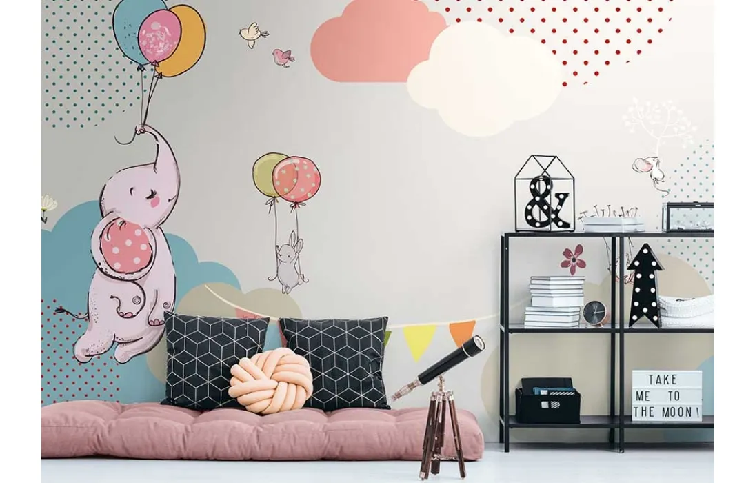 Carta da parati con elefanti, topolini e palloncini colorati Colour me baby WPC 727 di Caos Creativo by Rossi&Co