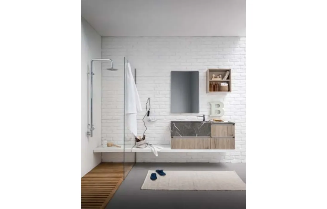 Mobile da Bagno sospeso in melaminico rovere con top e lavabo in marmo grafite 45 13 di Birex