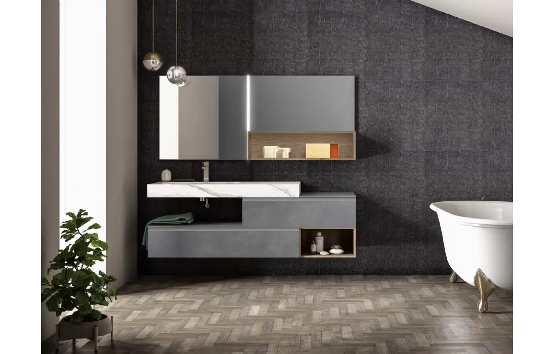 Mobile da Bagno sospeso in laccato metallico piombo Lapis 06 di Birex