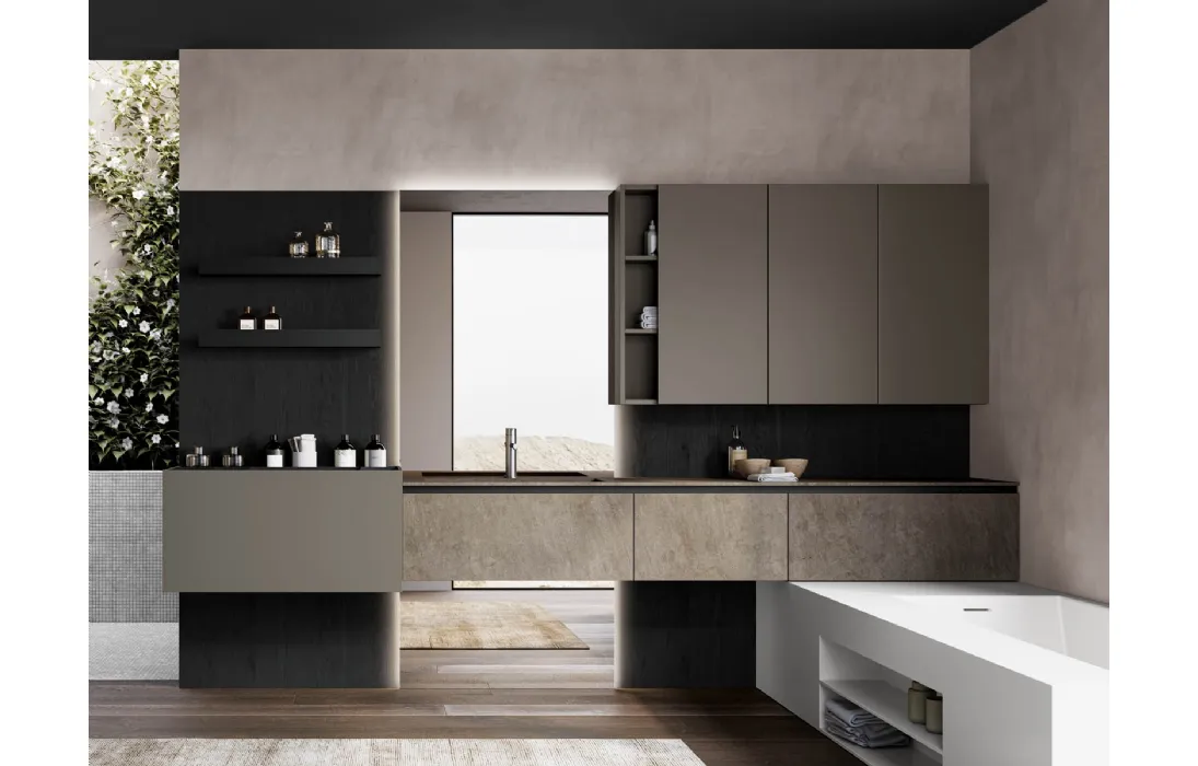 Mobile da Bagno sospeso Facto 02 in gres, laccato ed essenza rovere di Birex