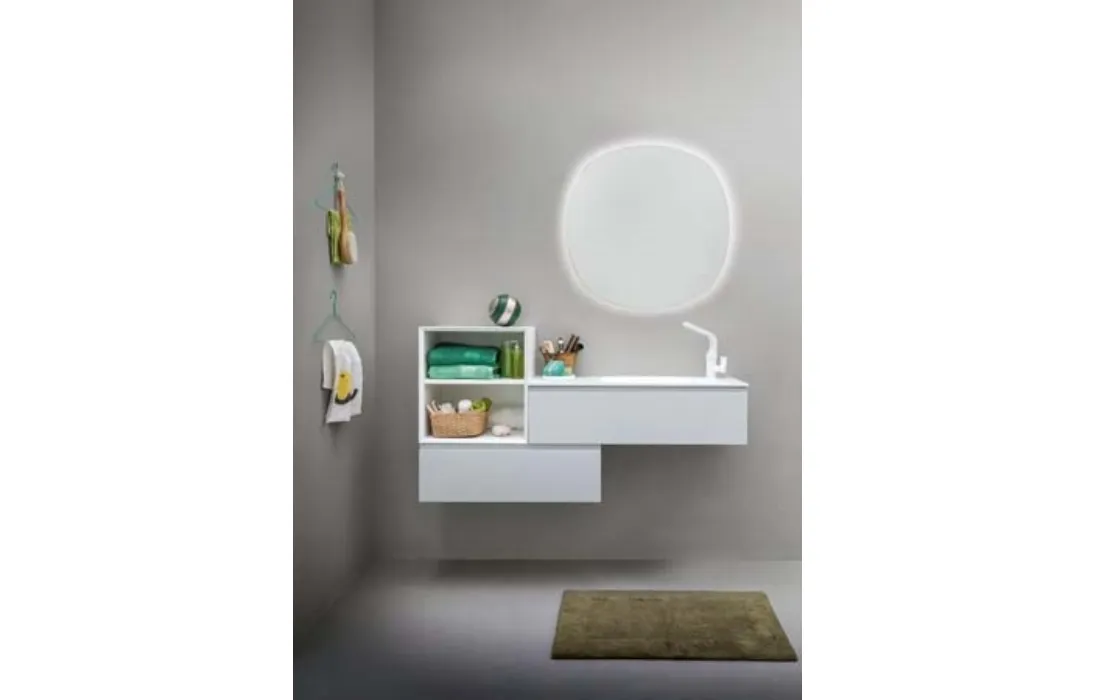Mobile da bagno sospeso in laccato bianco opaco e top in Corian Memento 04 di Birex