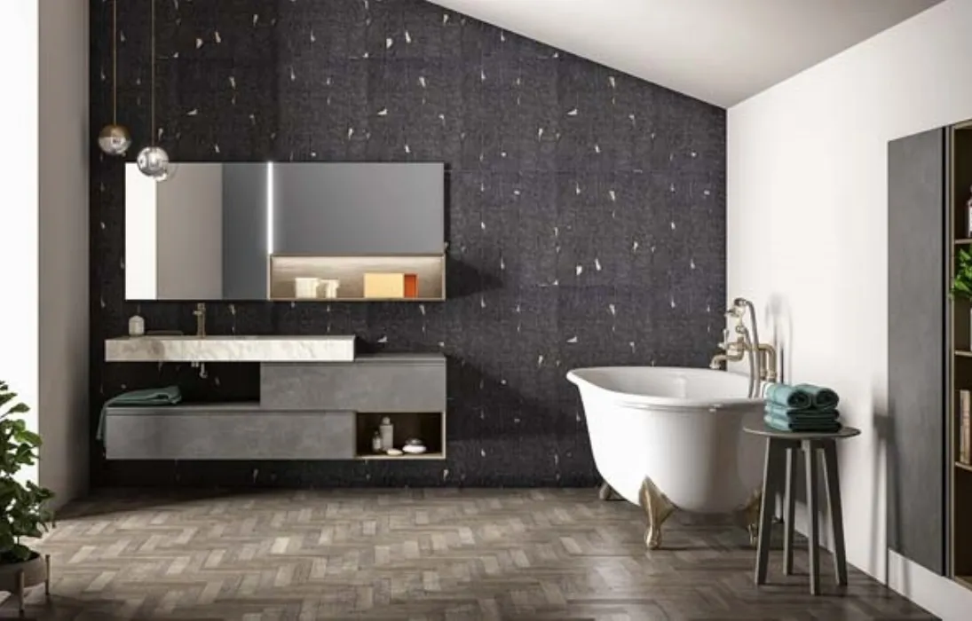 Mobile da bagno sospeso in laccato metallico e rovere con top in gres effetto marmo Memento 03 di Birex