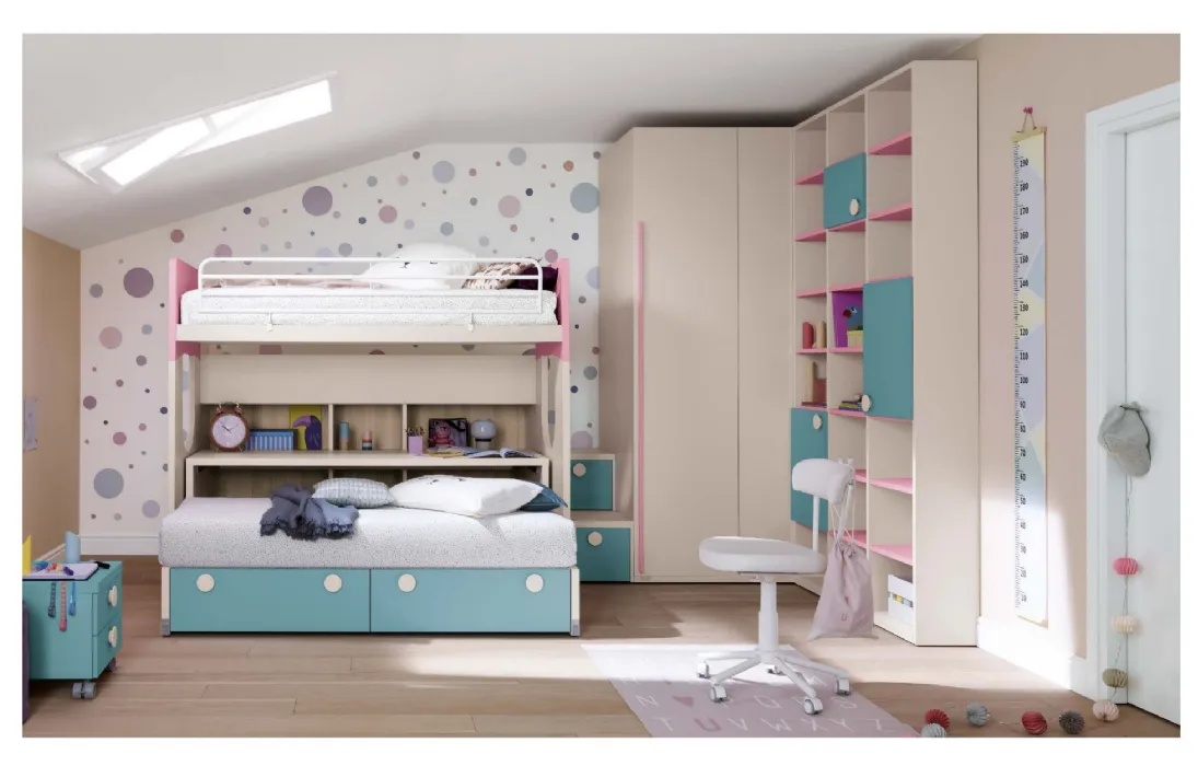 Cameretta in melaminico e laccato azzurro e rosa Alpha Letto a Castello B030 di Doimo Cityline