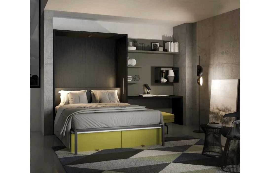 Letto a scomparsa aperto finitura Rovere carbone Block System Comp 250 di Tumidei