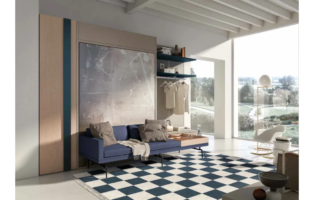 Letto matrimoniale a scomparsa in rovere naturale e laccato opaco con stampa digitale Comp 253 di Tumidei