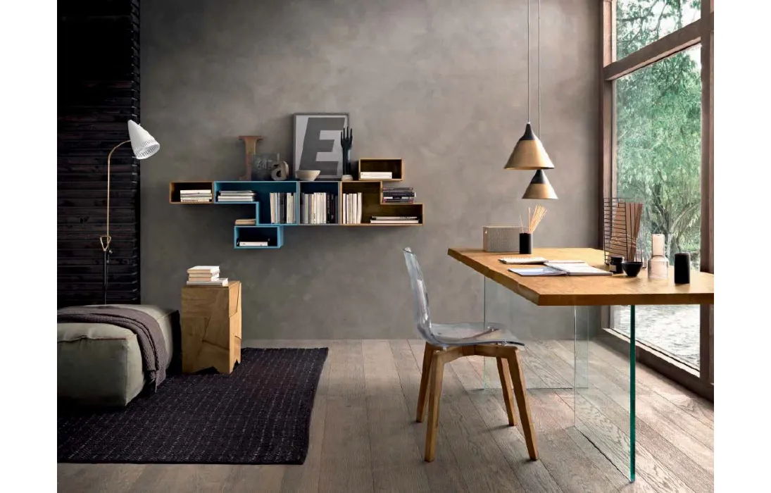 Libreria sospesa Box C57B in laccato opaco e legno di FGF Mobili