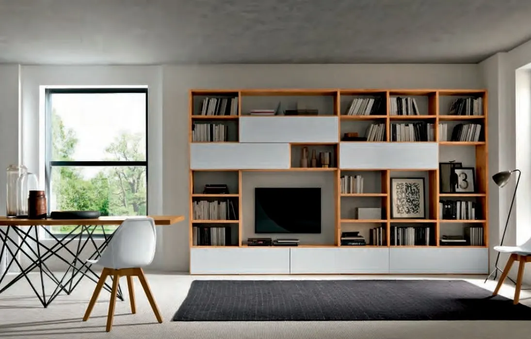 Libreria a muro Mixer CM88 in legno e laccato bianco opaco di FGF Mobili