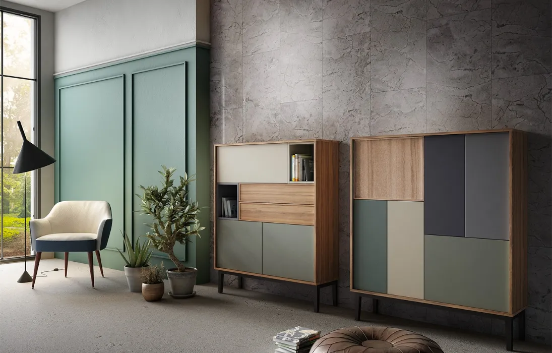 Madia alta Living 10 in laccato opaco colori vari e Aria Larice Cortina di Arredo3
