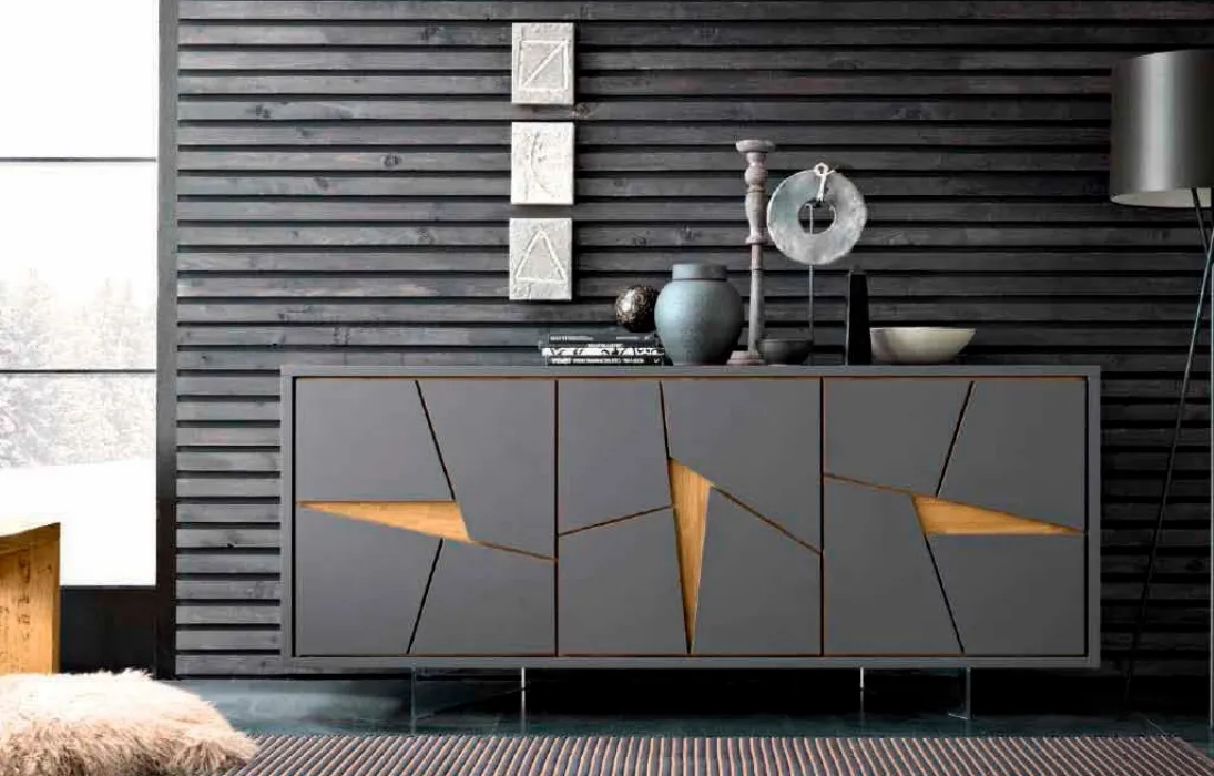 Madia in laccato Antracite a 3 ante sfaccettate con intarsi in legno Special di FGF Mobili