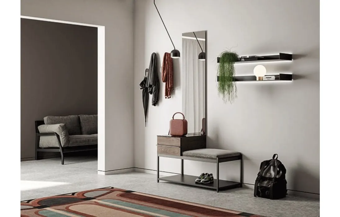 Mobile ingresso con specchiera in rovere e metallo con piano in gres effetto marmo Domì 02 di Birex
