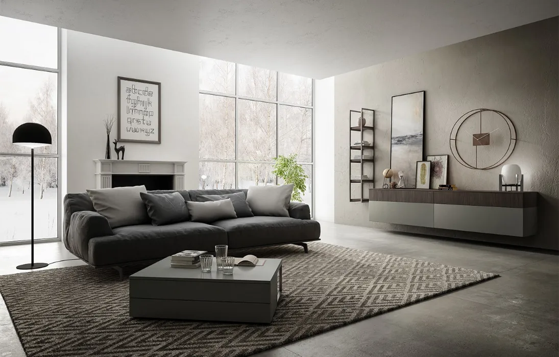 Mobile sospeso Living 03 in laccato opaco grigio e Noce bruno di Arredo3