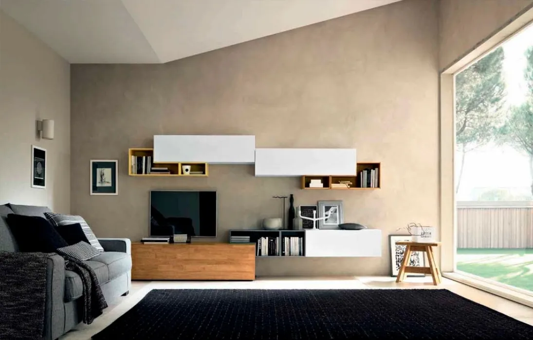 Parete Attrezzata Box C63B in laccato bianco opaco e legno di FGF Mobili