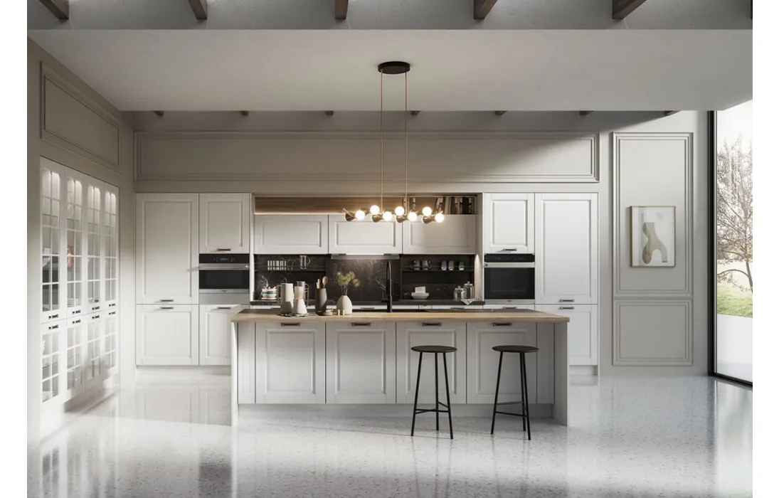 Cucina Classica Asolo in Frassino laccato a poro aperto Siberia e top in ceramica effetto marmo di Arredo3
