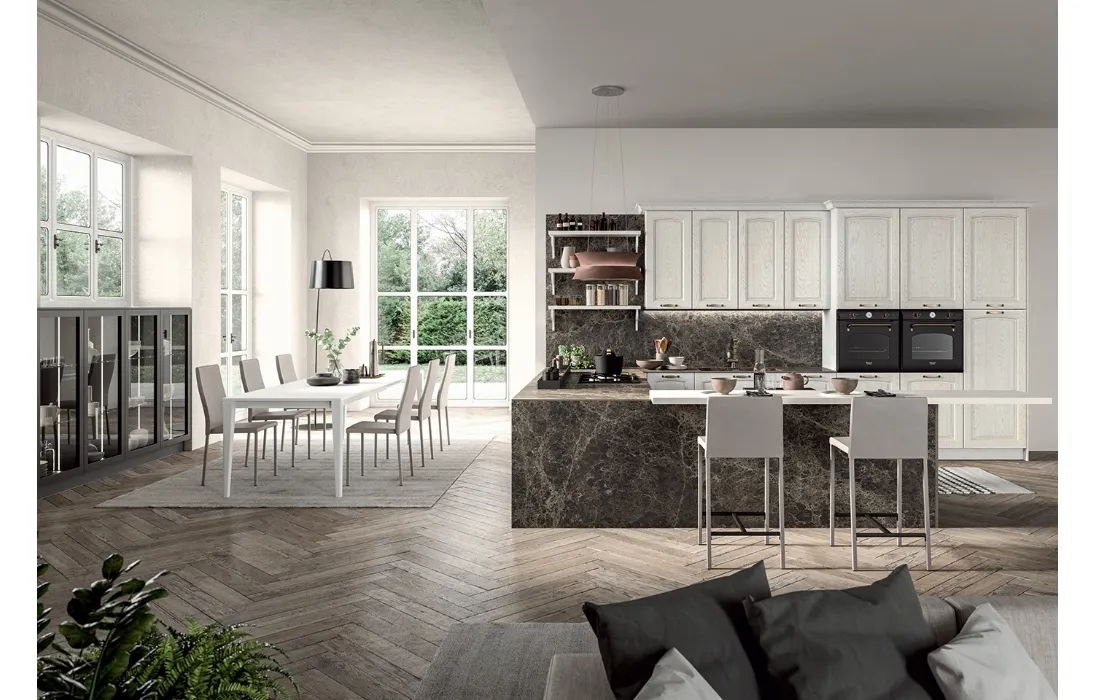 Cucina Classica angolare con penisola in legno di Frassino laccato Bianco a poro aperto e laminato effetto marmo Emma di Arredo3