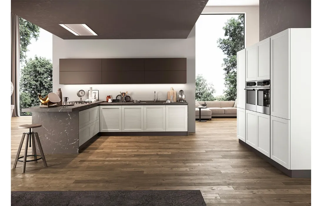Cucina angolare Classica Frame con basi in Frassino e top in laminato effetto Marmo di Arredo3