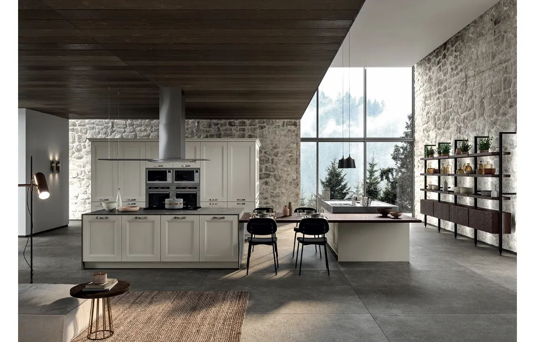 Cucina Classica angolare Gioiosa in legno di Frassino laccato Nebbia a poro aperto e top in laminam Pietra Grey di Arredo3