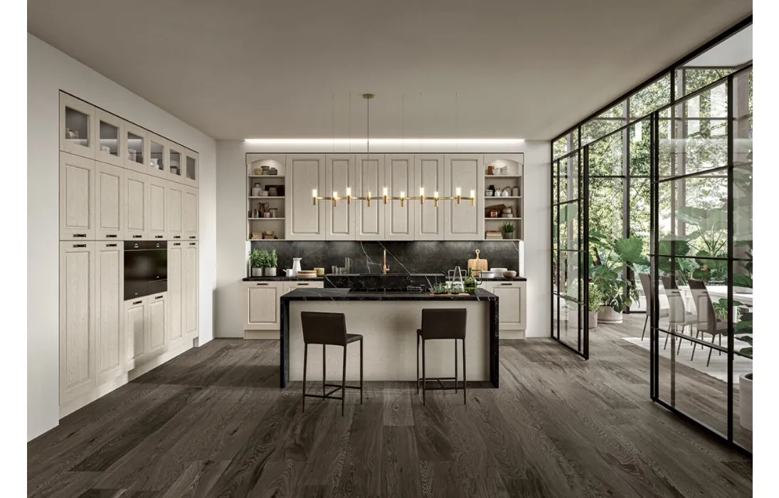 Cucina Classica con isola in legno di Frassino finitura Juta decapè e top in Dekton Verona di Arredo3