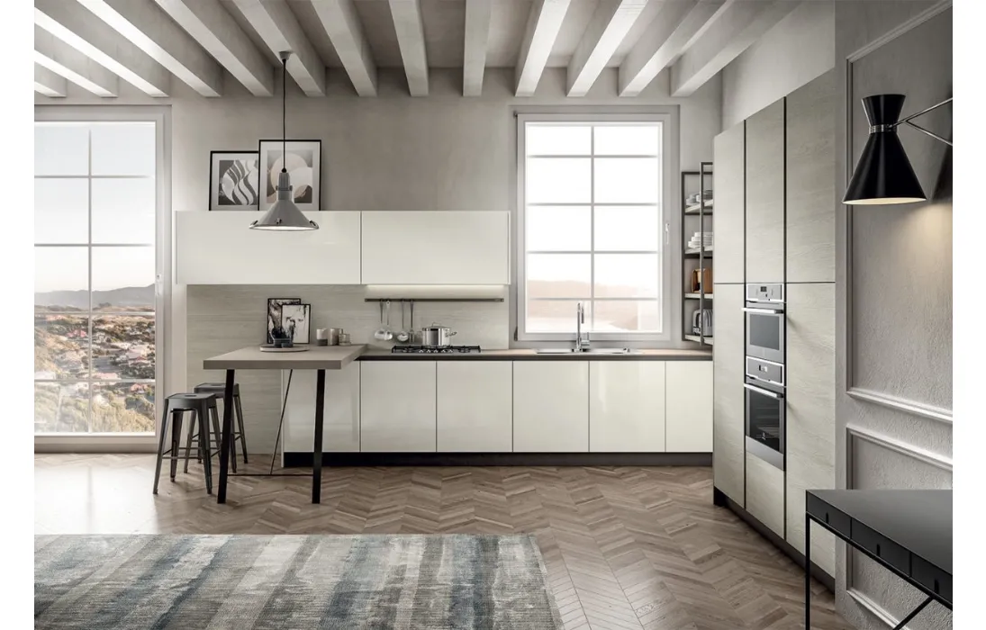 Cucina Moderna in laccato lucido e laminato Rovere Atalanta con penisola Cloe di Arredo3