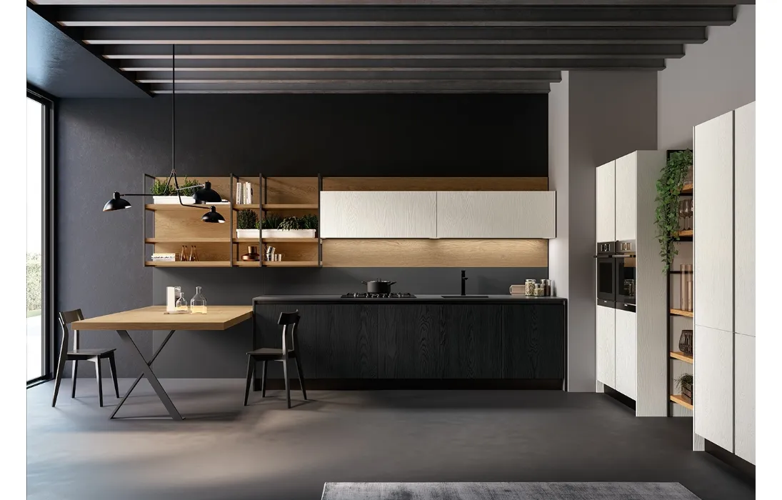 Cucina Moderna lineare Asia in laccato poro aperto Bianco e Nero opaco con top HPL Fenix Nero di Arredo3