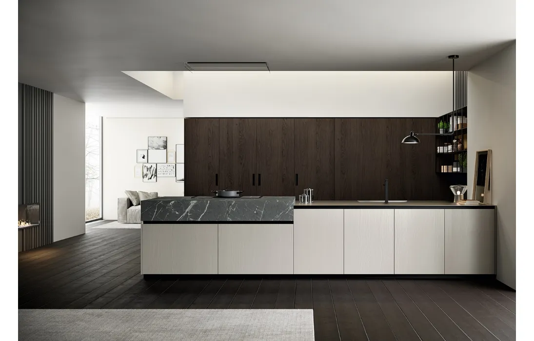Cucina Moderna lineare Asia in laccato poro aperto Nebbia con colonne in Rovere ebano impiallacciato e top in HPL finitura Pietra Piasentina di Arredo3