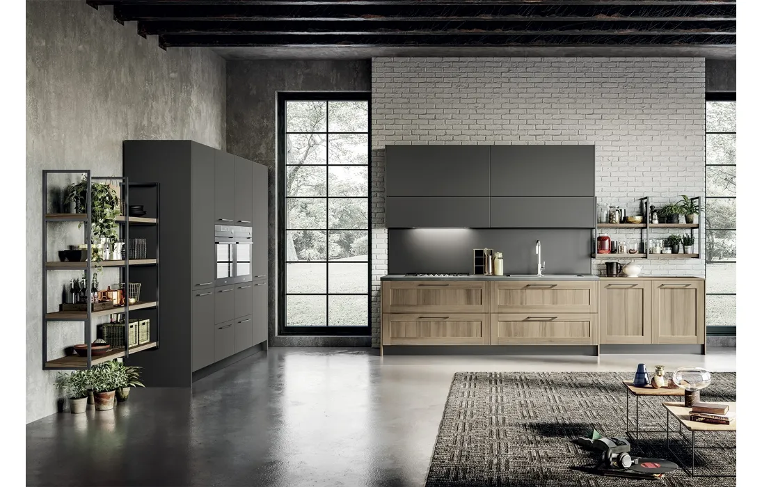 Cucina Moderna lineare in laminato effetto legno e laccato opaco grigio Cloe di Arredo3