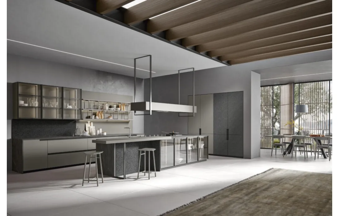 Cucina Moderna lineare in rovere, laccato, ferro e vetro Eclettica 03 di Scandola
