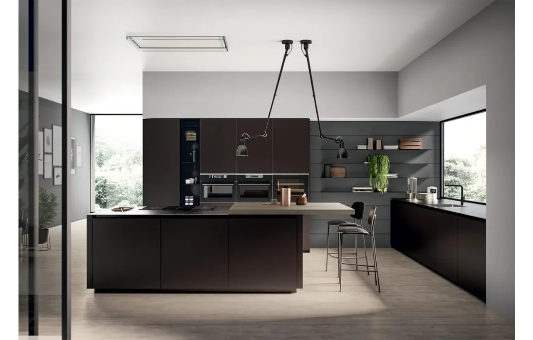 Cucina Moderna con isola in vetro opaco Caffè e penisola in impiallacciato Rovere safari Glass 2 0 di Arredo3