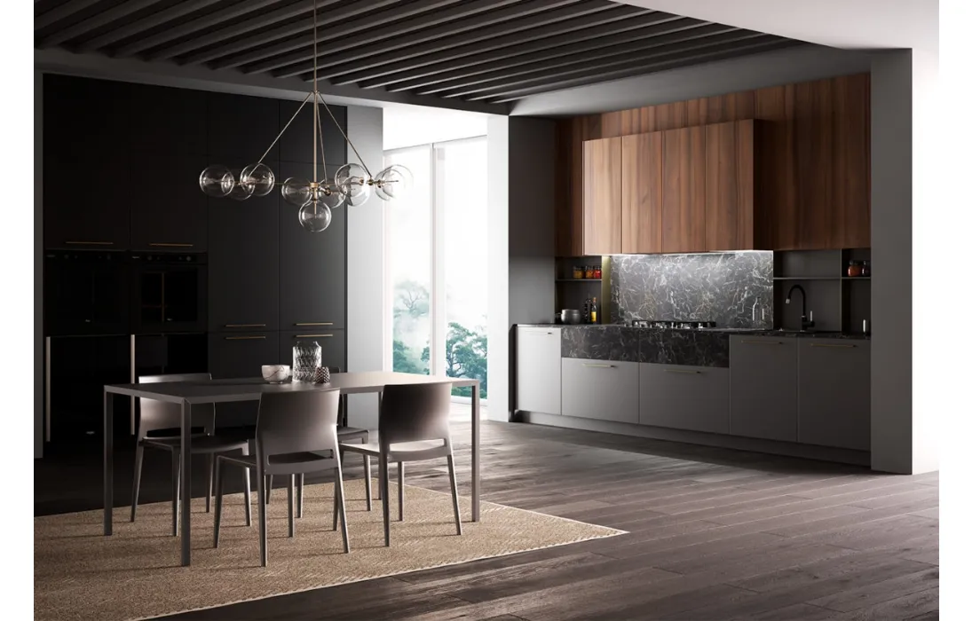 Cucina Moderna Kalì in laccato Lavagna opaco e laminato Noce America con top e schienali in laminato Pietra nera di Arredo3