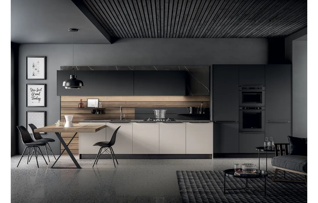 Cucina Moderna Kalì in laccato Fango e Nero opaco e laminato Noce America di Arredo3