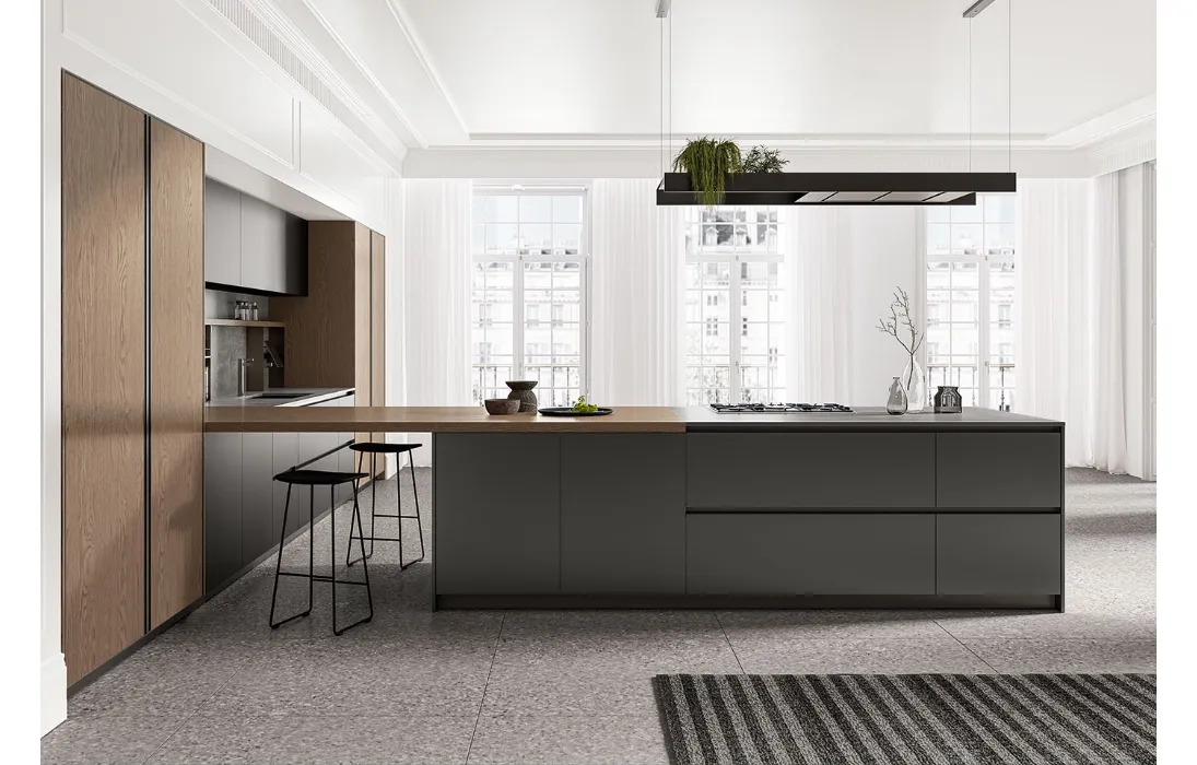 Cucina Moderna angolare in laccato metallizzato ossidato con penisola e colonne in laminato Rovere Safari Time di Arredo3
