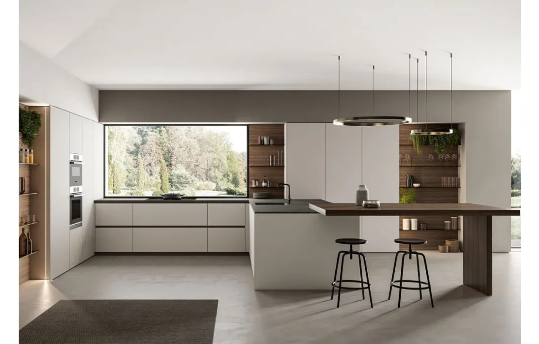 Cucina Moderna angolare laccato opaco Nebbia con penisola in Eucalipto Noce Time di Arredo3