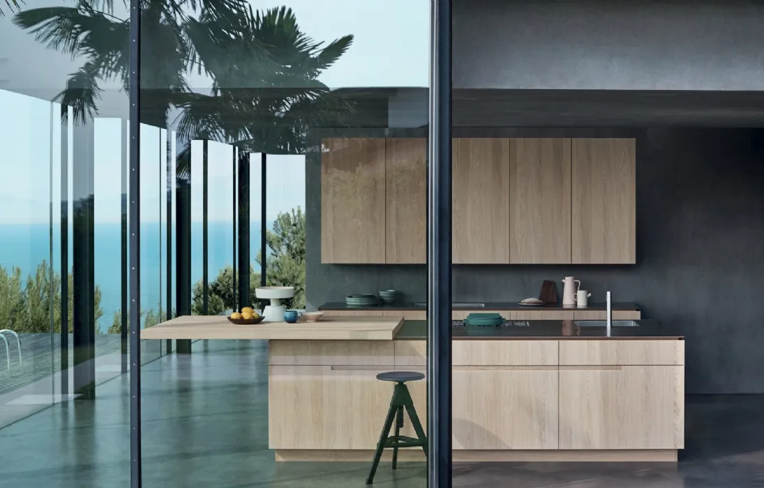 Cucina su misura lineare con penisola N_Elle Living by the sea in essenza di Rovere Nordico di Cesar